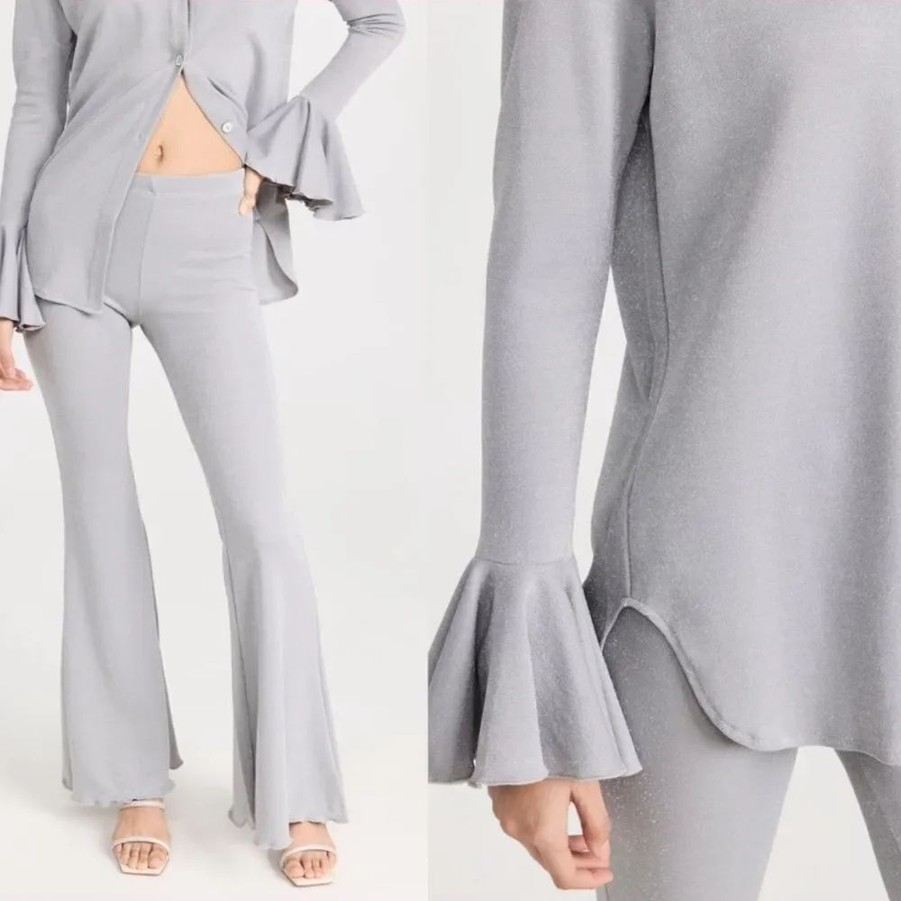 Sleeper Venera Lurex Lounge Suit Set Top and Pants Silver Flared Cuffs NWT $350